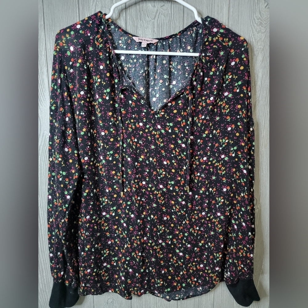 Juicy Couture Floral Polka Dot Tie Neck Blouse Black Multi Color Large